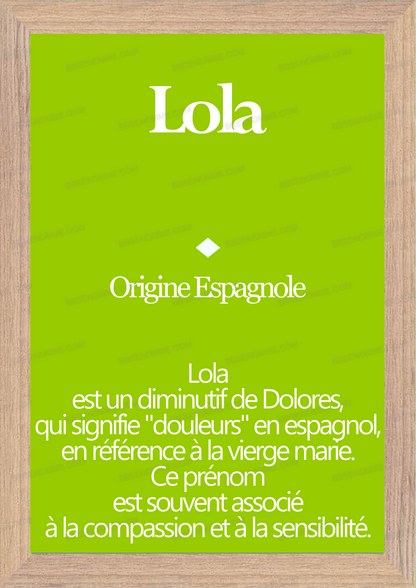 Tableau Prénom Lola Personnalisé - Origine et Signification