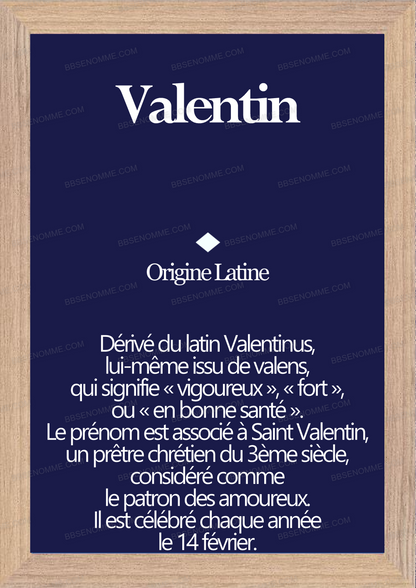 Tableau Prénom Valentin Personnalisé - Origine et Signification