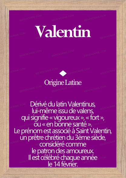 Tableau Prénom Valentin Personnalisé - Origine et Signification