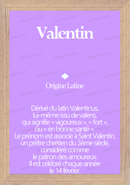 Tableau Prénom Valentin Personnalisé - Origine et Signification